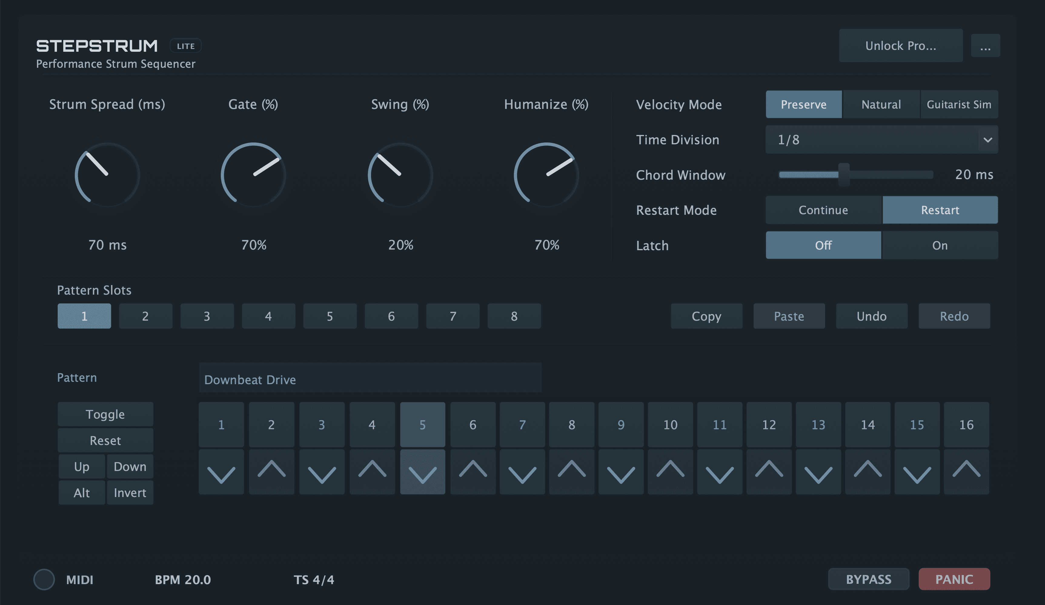 StepStrum Lite interface: 16-step sequencer with activation and direction controls.