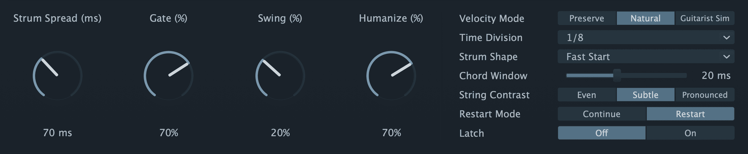 StepStrum Pro global performance controls and feel settings.