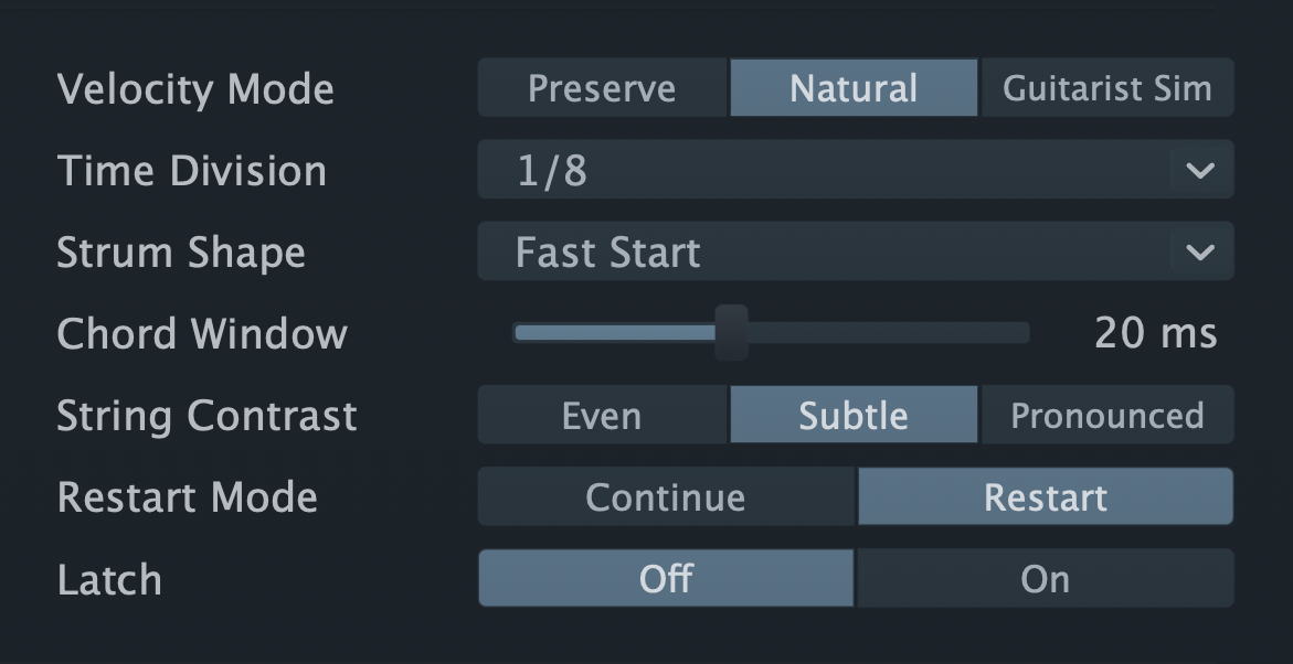 StepStrum feel controls for groove, timing, and dynamics.